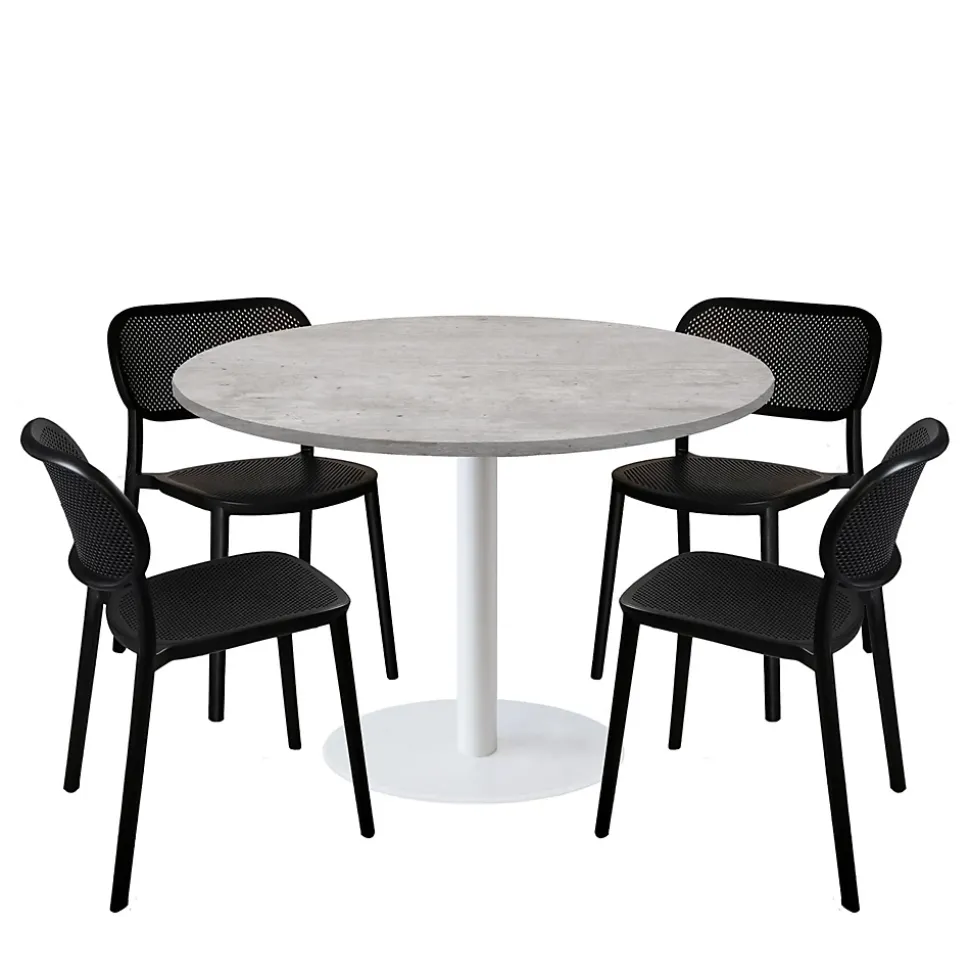 Lot de 1 table ronde120cm et 4 chaises - pied blanc plateau béton naturel - Restootab