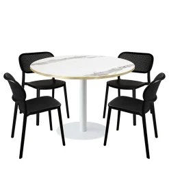 Lot de 1 table ronde120cm et 4 chaises - pied blanc plateau marbre blanc chants laiton - Restootab