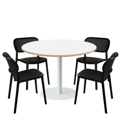 Lot de 1 table ronde120cm et 4 chaises - pied blanc plateau blanc chants bois - Restootab