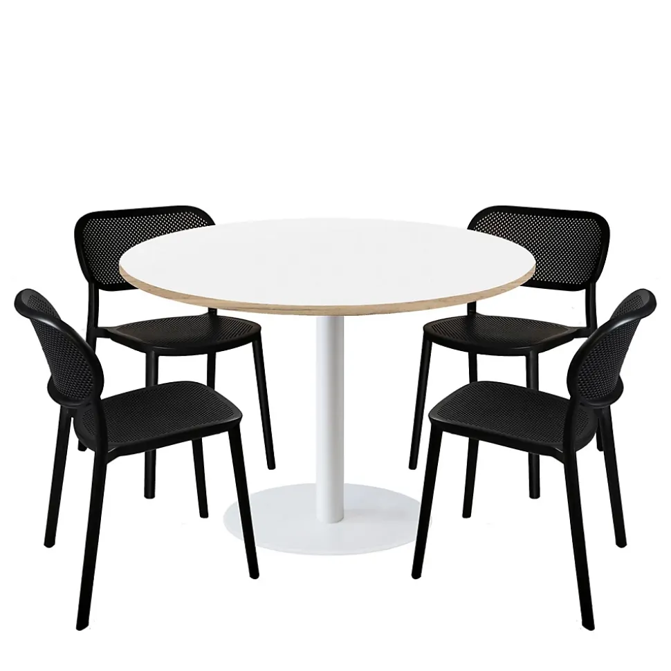 Lot de 1 table ronde120cm et 4 chaises - pied blanc plateau blanc chants bois - Restootab