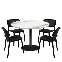 Lot de 1 table ronde120cm et 4 chaises - pied noir plateau marbre blanc - Restootab