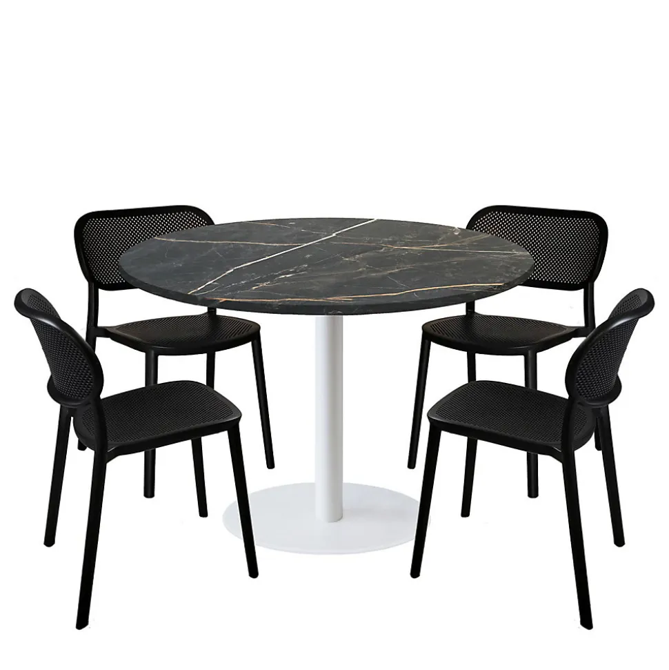 Lot de 1 table ronde120cm et 4 chaises - pied blanc plateau marbre tamas - Restootab