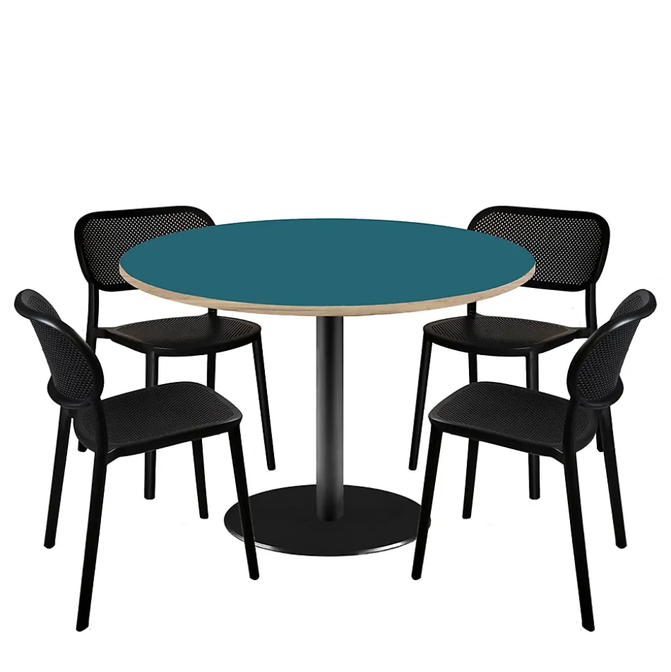 Lot de 1 table ronde120cm et 4 chaises - pied noir plateau bleu avec chants bois - Restootab