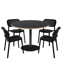 Lot de 1 table ronde120cm et 4 chaises - pied noir plateau noir avec chants bois - Restootab