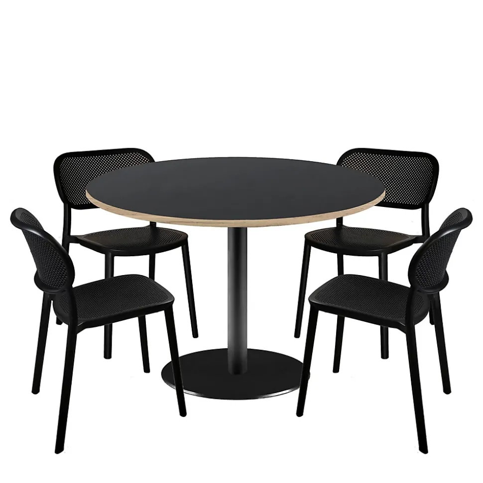 Lot de 1 table ronde120cm et 4 chaises - pied noir plateau noir avec chants bois - Restootab