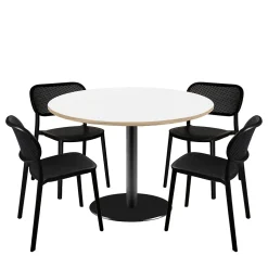 Lot de 1 table ronde120cm et 4 chaises - pied noir plateau blanc avec chants bois - Restootab