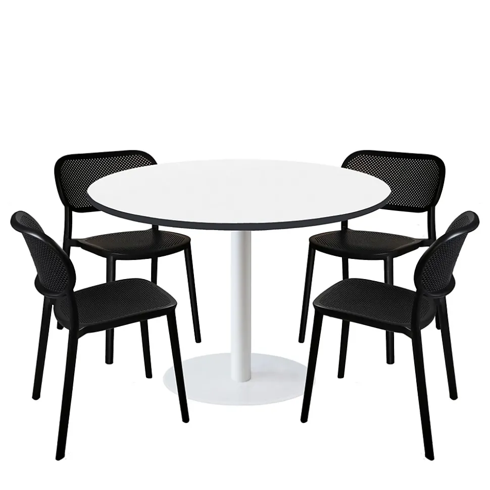 Lot de 1 table ronde120cm et 4 chaises - pied blanc plateau blanc chants noir - Restootab