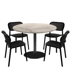 Lot de 1 table ronde120cm et 4 chaises - pied noir plateau marbré lune blanche - Restootab