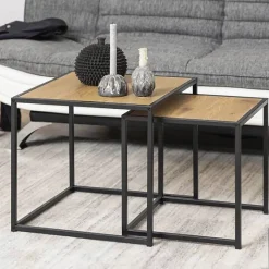 Lot de 2 tables d'appoint carrées, bout de canapé moderne en bois avec pieds métal - Longueur 34 x profondeur 34 x Hauteur 37 cm