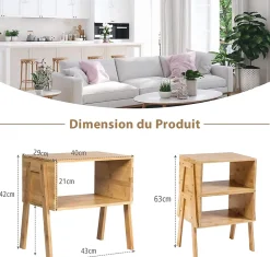 Lot de 2 Tables de Chevet en Bambou avec 1 Etagere Ouverte Table de Nuit Empilable Construction Robuste