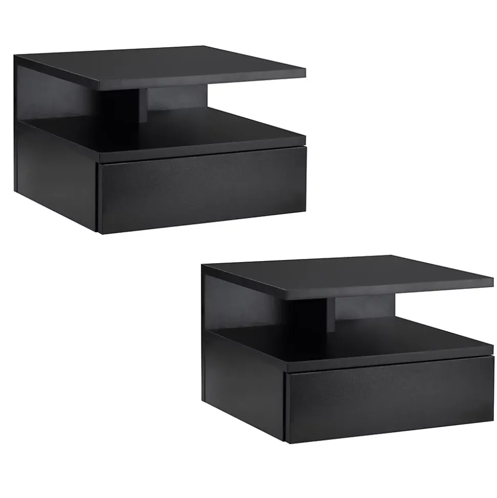 Lot de 2 tables de chevet murales - lot de 2 tables de nuit - tiroir coulissant, niche et plateau - panneau particules noir