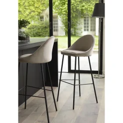 Lot de 2 tabourets de bar velours chamois et pieds métal noir
