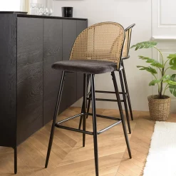 Lot de 2 tabourets de bar assise tissu noir dossier effet cannage