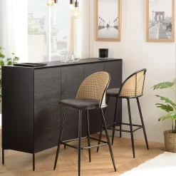 Lot de 2 tabourets de bar assise tissu noir dossier effet cannage