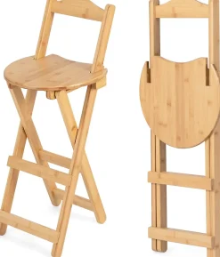 Lot de 2 Tabourets de Bar Pliable en Bambou avec Dossier Repose Pieds Charge 150kg 36x34x84 cm