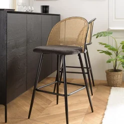 Lot de 2 tabourets d'ilot assise tissu noir dossier effet cannage