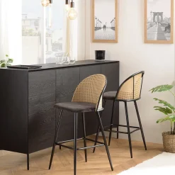 Lot de 2 tabourets d'ilot assise tissu noir dossier effet cannage