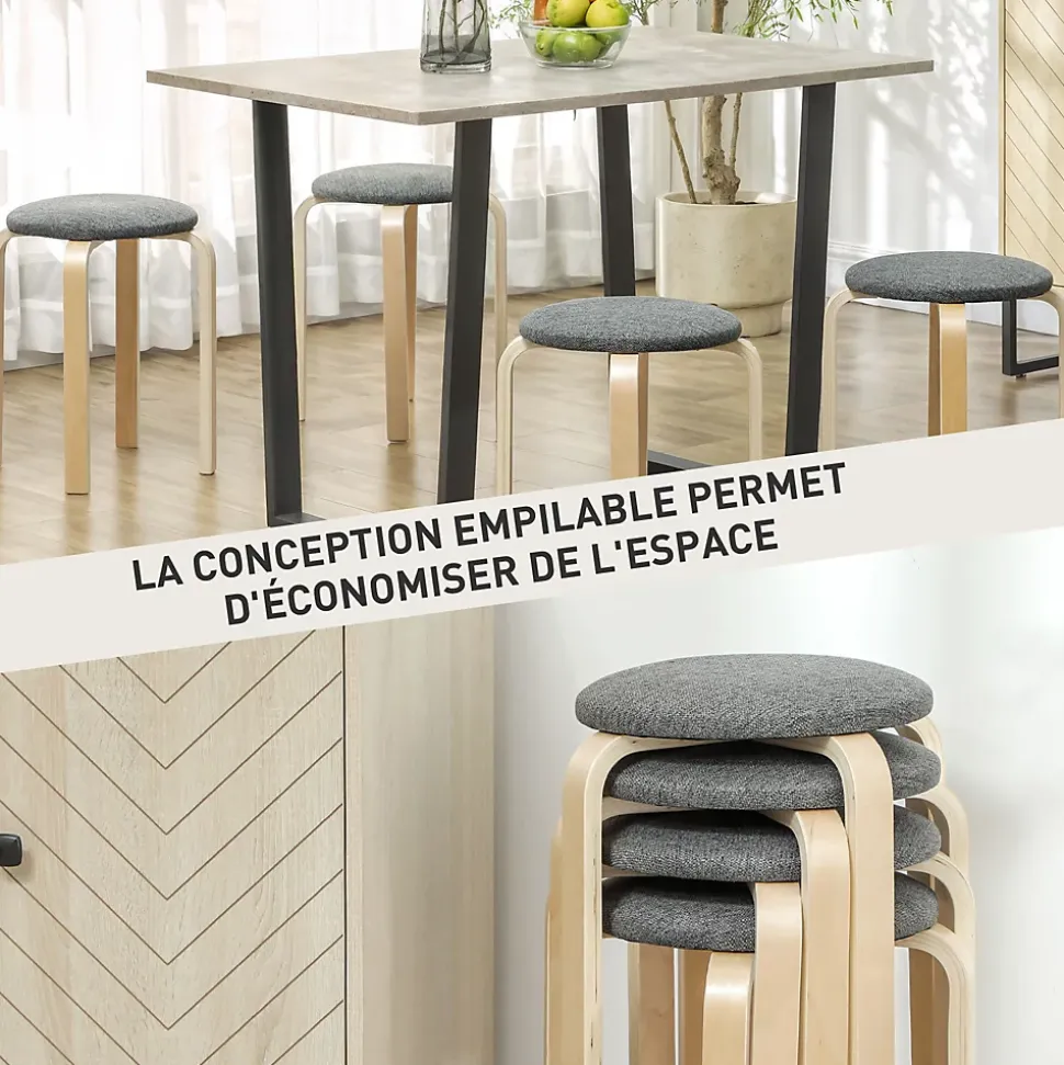 Lot de 4 tabourets empilables assise rembourrée dia.40 x H.45 cm bois clair gris