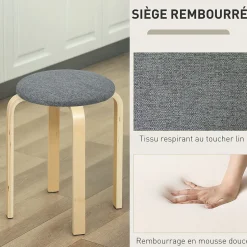 Lot de 4 tabourets empilables assise rembourrée dia.40 x H.45 cm bois clair gris