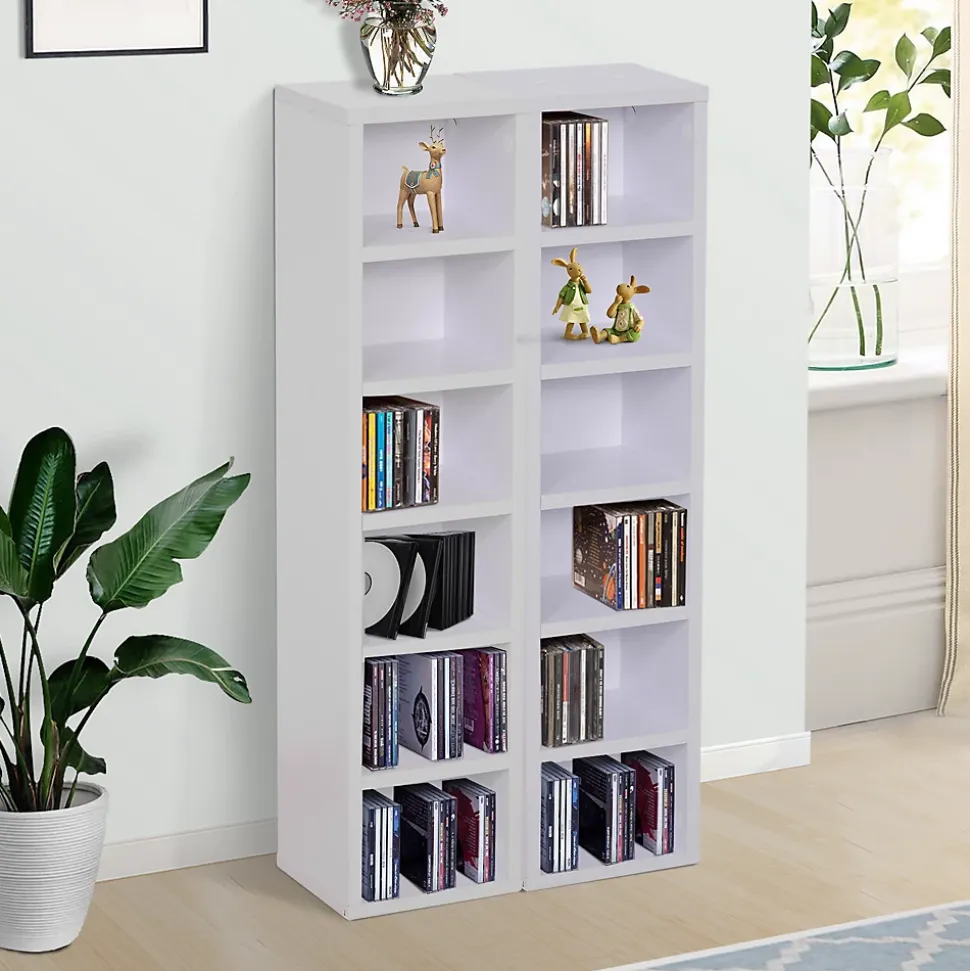 Lot de 2 étagères colonnes rangement CD-DVD 6 + 6 compartiments dim. 21 x 19 x 88 cm max. 204 CD