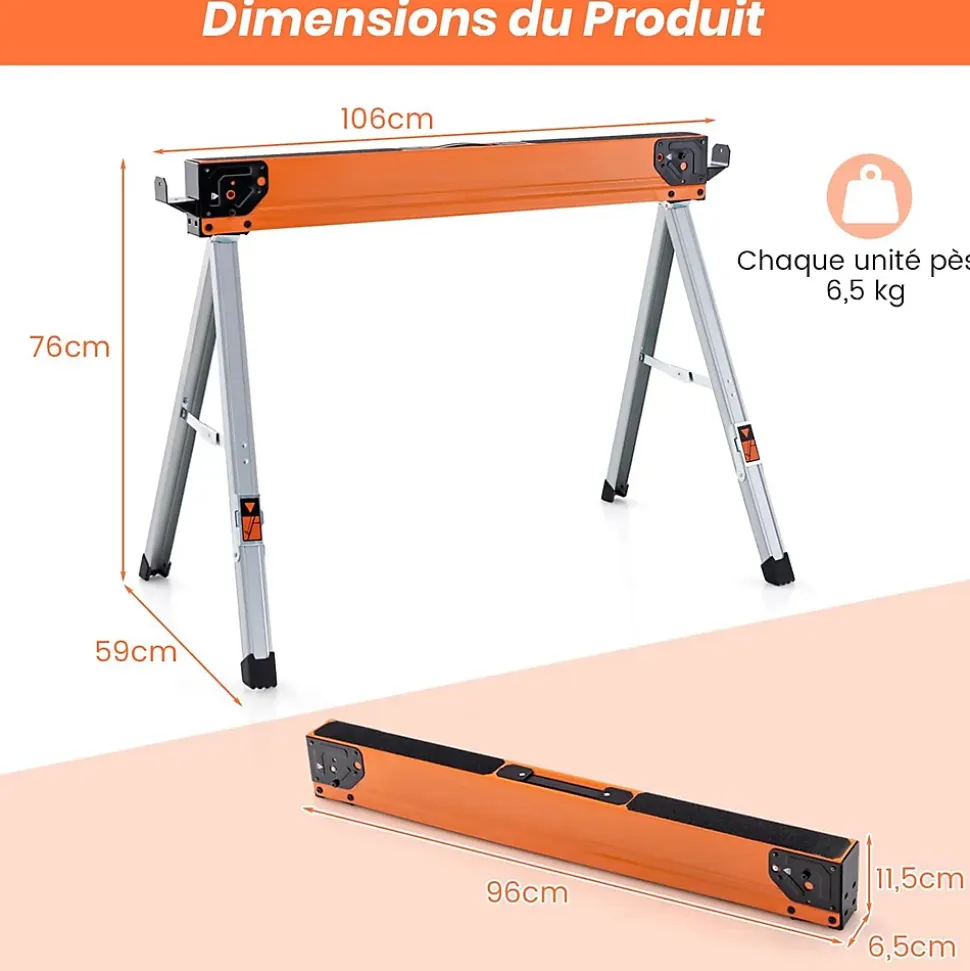 Lot de 2 Tréteaux de Scie Pliable Charge 500KG-Chevalets de Sciage Structure Triangulaire pour Découpe/Sciage/Bricolage Argent