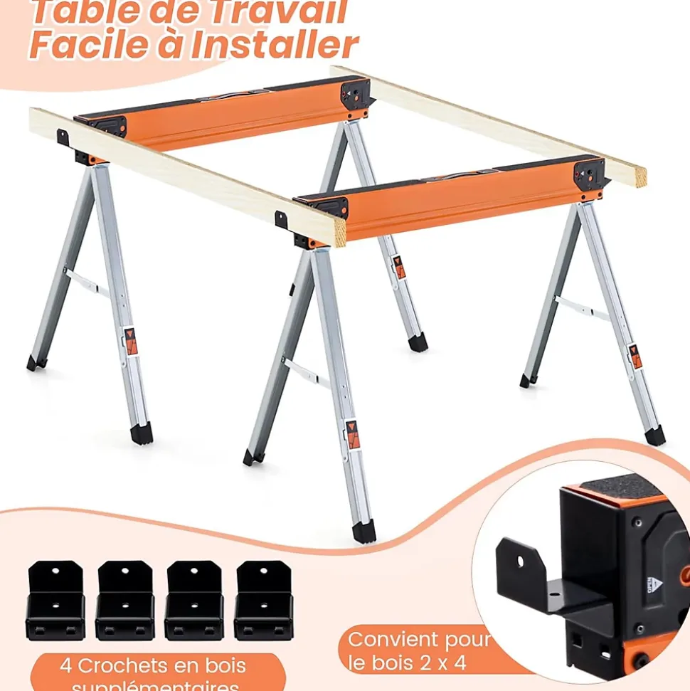 Lot de 2 Tréteaux de Scie Pliable Charge 500KG-Chevalets de Sciage Structure Triangulaire pour Découpe/Sciage/Bricolage Argent