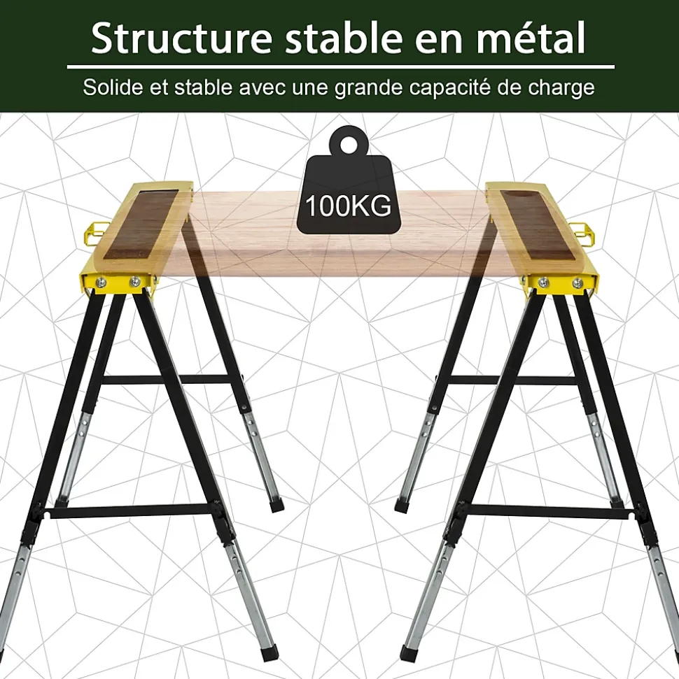 Lot de 2 tréteaux pliables telescopiques poignée transport dim. 100L x 49l x 62-89,5H cm surface antidérapante métal noir jaune