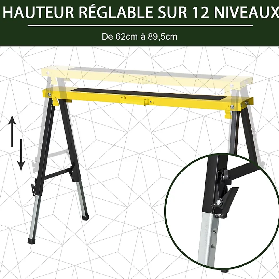 Lot de 2 tréteaux pliables telescopiques poignée transport dim. 100L x 49l x 62-89,5H cm surface antidérapante métal noir jaune