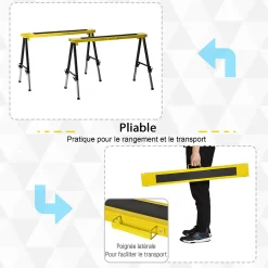 Lot de 2 tréteaux pliables telescopiques poignée transport dim. 100L x 49l x 62-89,5H cm surface antidérapante métal noir jaune