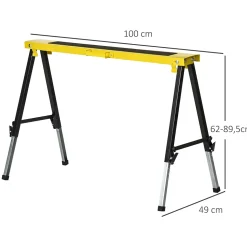 Lot de 2 tréteaux pliables telescopiques poignée transport dim. 100L x 49l x 62-89,5H cm surface antidérapante métal noir jaune