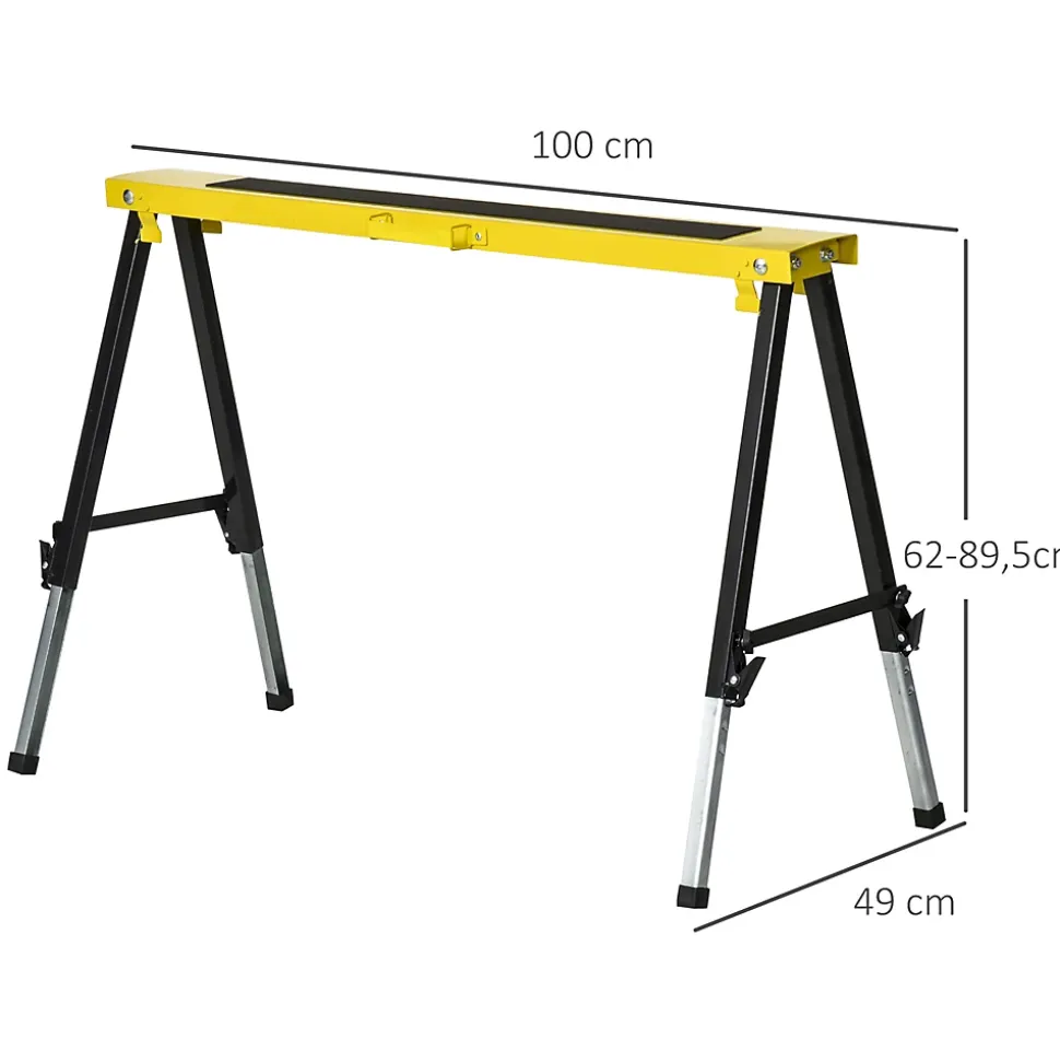 Lot de 2 tréteaux pliables telescopiques poignée transport dim. 100L x 49l x 62-89,5H cm surface antidérapante métal noir jaune