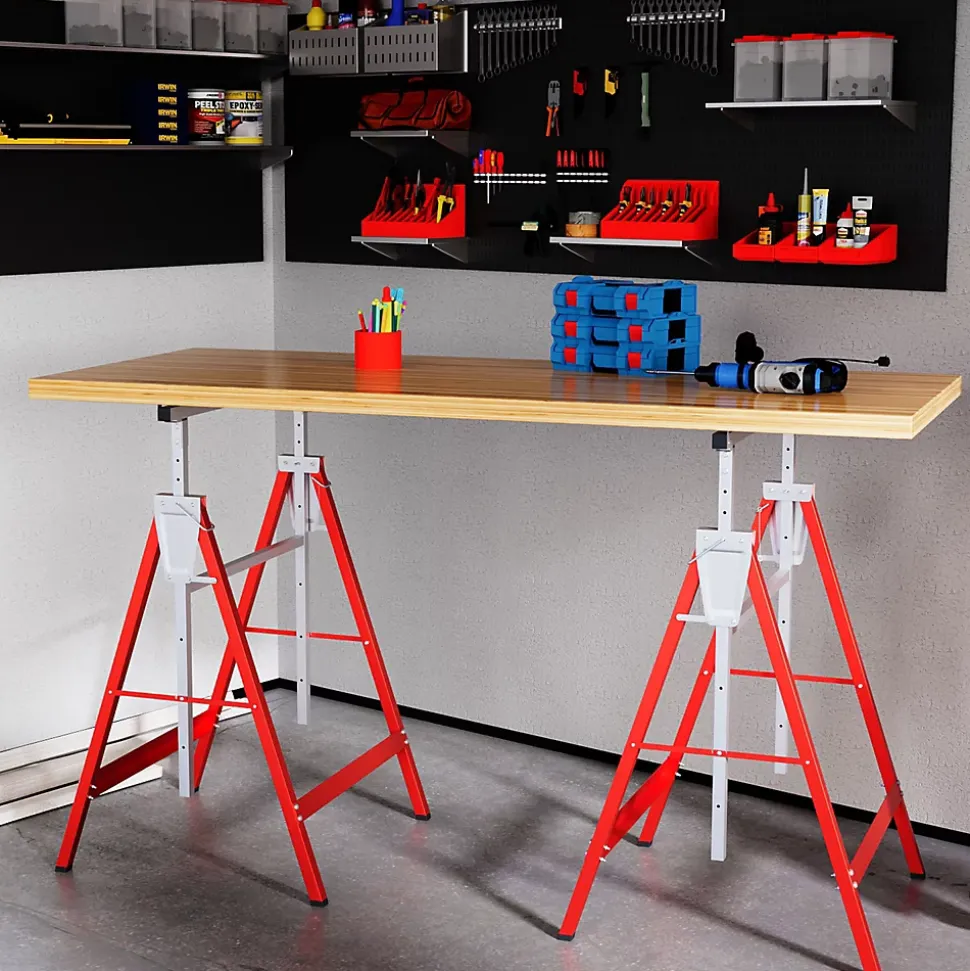 Lot de 2 tréteaux pliables télescopiques hauteur réglable 80-130 cm rouge
