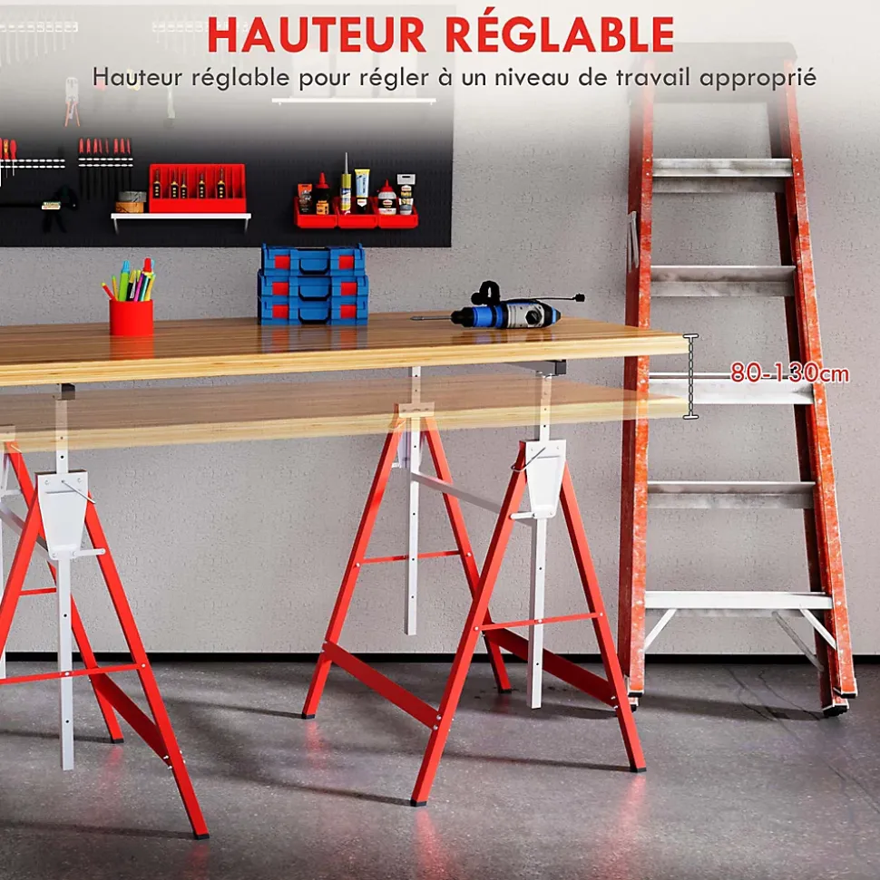 Lot de 2 tréteaux pliables télescopiques hauteur réglable 80-130 cm rouge