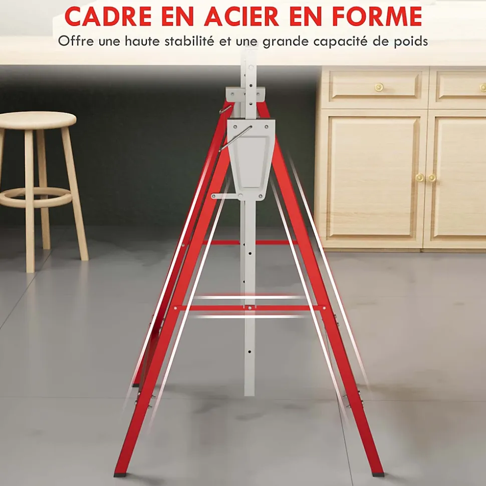 Lot de 2 tréteaux pliables télescopiques hauteur réglable 80-130 cm rouge