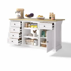 Îlot de Cuisine, 5 Tiroirs, 2 Étagères Coulissantes, Plateau Rabattable, Meuble Bar/Buffet de Cuisine, MDF Blanc, 150x65x75,5 cm