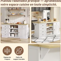 Îlot de Cuisine, 5 Tiroirs, 2 Étagères Coulissantes, Plateau Rabattable, Meuble Bar/Buffet de Cuisine, MDF Blanc, 150x65x75,5 cm