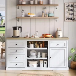 Îlot de Cuisine, 5 Tiroirs, 2 Étagères Coulissantes, Plateau Rabattable, Meuble Bar/Buffet de Cuisine, MDF Blanc, 150x65x75,5 cm