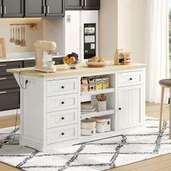 Îlot de Cuisine, 5 Tiroirs, 2 Étagères Coulissantes, Plateau Rabattable, Meuble Bar/Buffet de Cuisine, MDF Blanc, 150x65x75,5 cm
