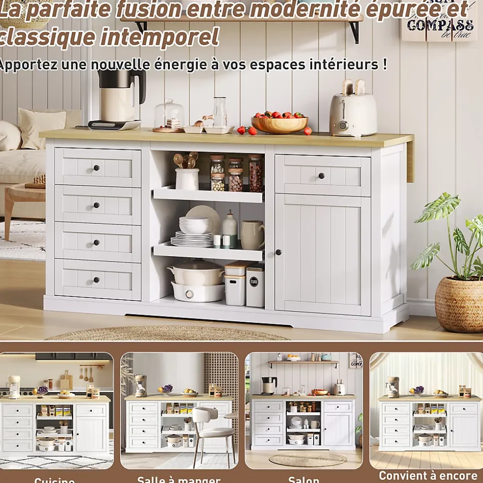 Îlot de Cuisine, 5 Tiroirs, 2 Étagères Coulissantes, Plateau Rabattable, Meuble Bar/Buffet de Cuisine, MDF Blanc, 150x65x75,5 cm