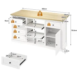 Îlot de Cuisine, 5 Tiroirs, 2 Étagères Coulissantes, Plateau Rabattable, Meuble Bar/Buffet de Cuisine, MDF Blanc, 150x65x75,5 cm