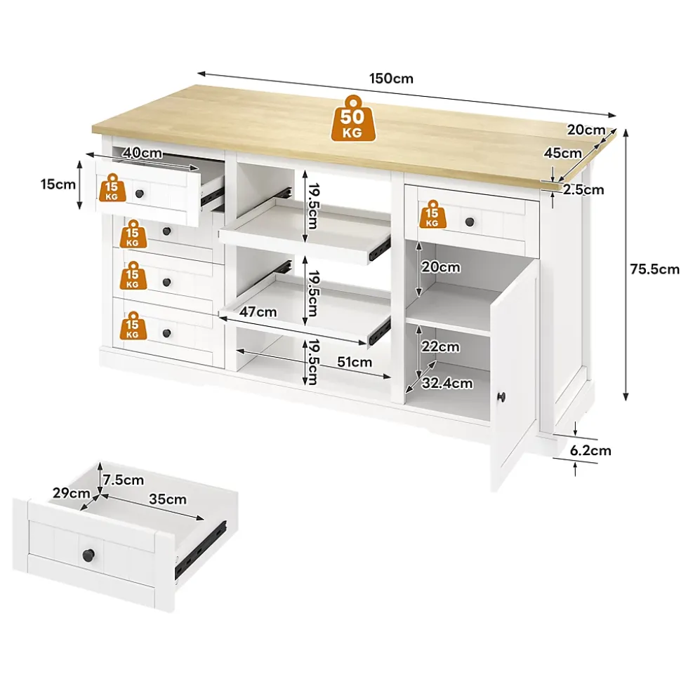 Îlot de Cuisine, 5 Tiroirs, 2 Étagères Coulissantes, Plateau Rabattable, Meuble Bar/Buffet de Cuisine, MDF Blanc, 150x65x75,5 cm