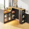 Îlot de Cuisine Moderne avec Rangement et Vitrine en Verre, Plateau en Bois MDF avec LED Intégrée - Noir, 108x39,6x97 cm