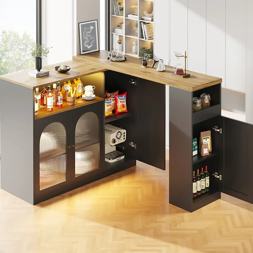 Îlot de Cuisine Moderne avec Rangement et Vitrine en Verre, Plateau en Bois MDF avec LED Intégrée - Noir, 108x39,6x97 cm