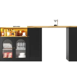 Îlot de Cuisine Moderne avec Rangement et Vitrine en Verre, Plateau en Bois MDF avec LED Intégrée - Noir, 108x39,6x97 cm