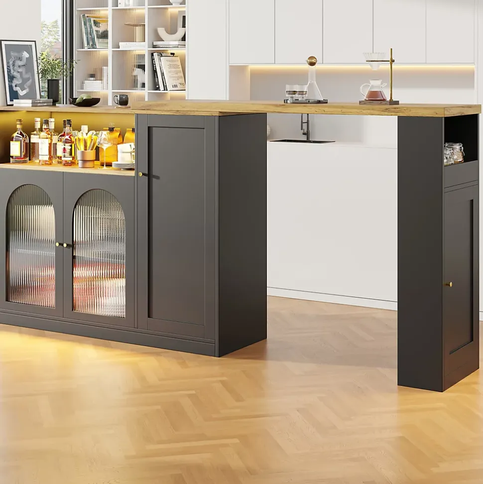 Îlot de Cuisine Moderne avec Rangement et Vitrine en Verre, Plateau en Bois MDF avec LED Intégrée - Noir, 108x39,6x97 cm