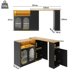 Îlot de Cuisine Moderne avec Rangement et Vitrine en Verre, Plateau en Bois MDF avec LED Intégrée - Noir, 108x39,6x97 cm