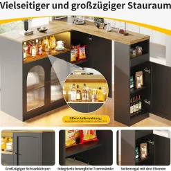 Îlot de Cuisine Moderne avec Rangement et Vitrine en Verre, Plateau en Bois MDF avec LED Intégrée - Noir, 108x39,6x97 cm