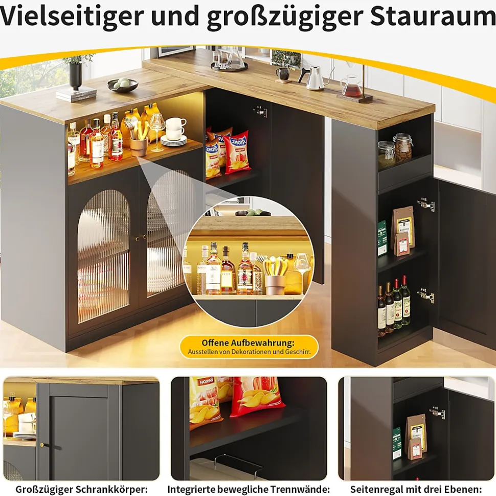 Îlot de Cuisine Moderne avec Rangement et Vitrine en Verre, Plateau en Bois MDF avec LED Intégrée - Noir, 108x39,6x97 cm