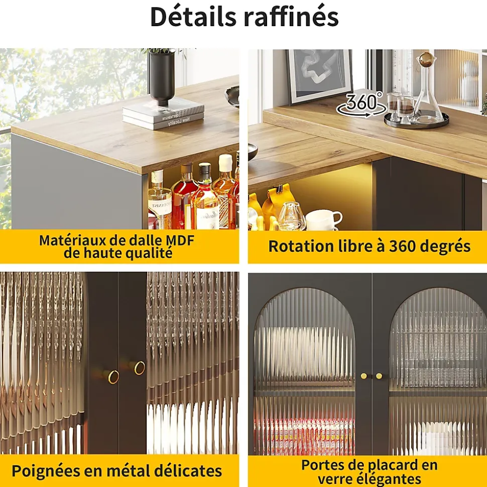 Îlot de Cuisine Moderne avec Rangement et Vitrine en Verre, Plateau en Bois MDF avec LED Intégrée - Noir, 108x39,6x97 cm