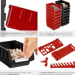 Magazine de petites pièces avec 28 boîtes empilables et supports d'outils 44 pièces avec 2 plaques murales